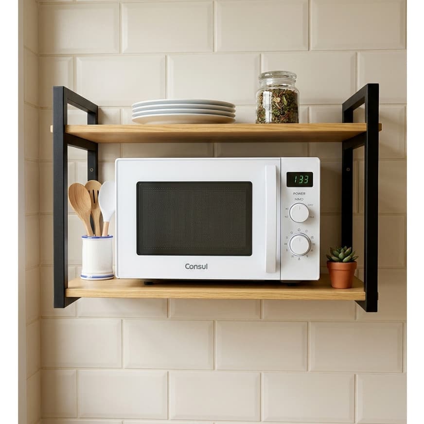 Prateleira Suspensa 50cm industrial  Suporte Microondas Forno Air Frier Impressora Aço Madeira Pinus