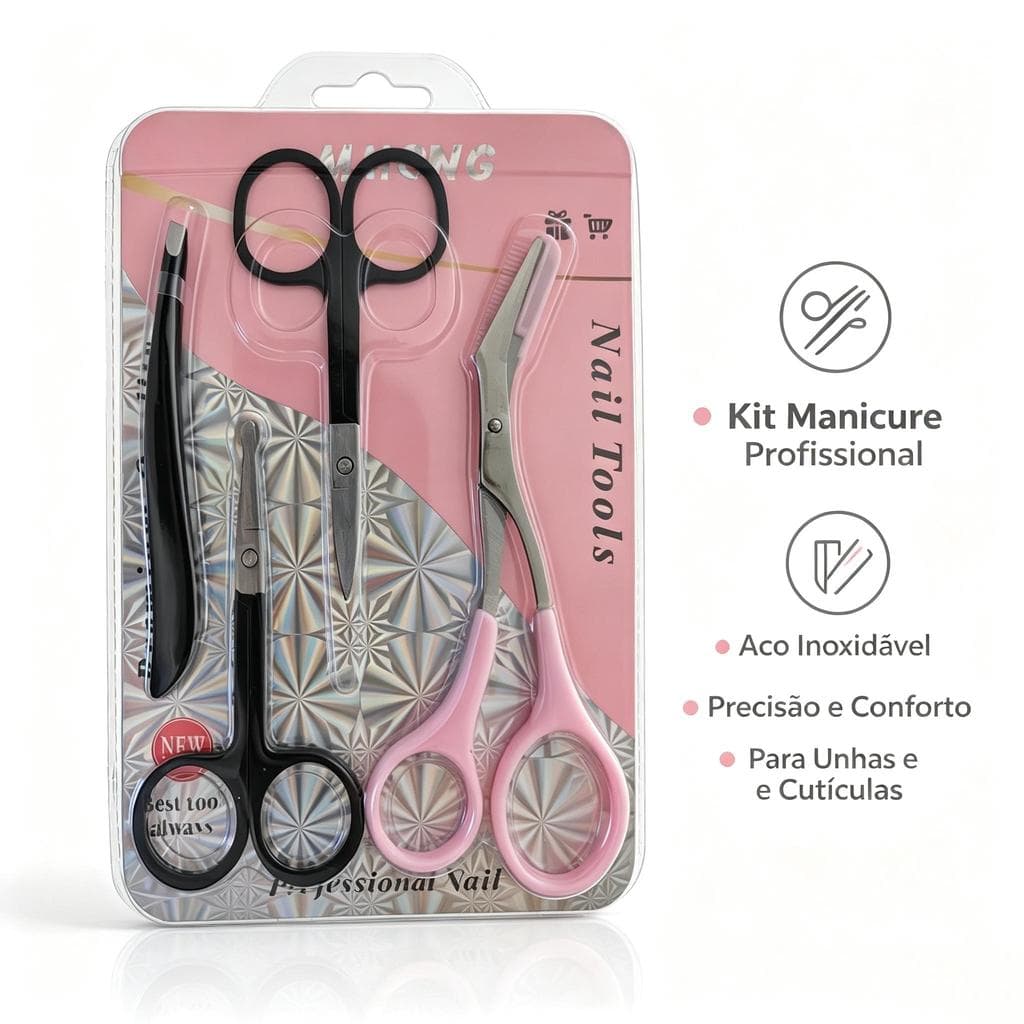 Kit 4 Peças Ferramentas de Manicure e Sobrancelha, Tesouras e Pinça em Aço Inoxidável para Cuidados com Unhas