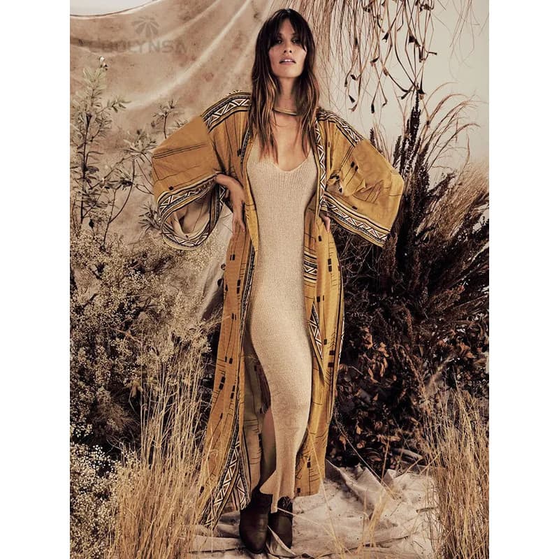 Saída de Praia Estampada Boêmia, Vestido Kimono Elegante com Cinto Automático para Mulheres, Tamanhos Grandes, Roupa de