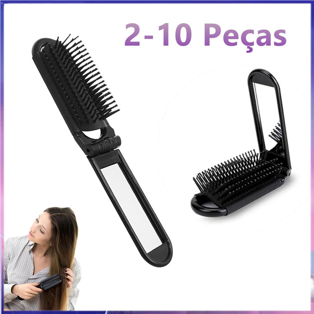 Escova de cabelo dobrável carteira feminina com espelho, Mini pente de massagem portátil, pacote preto de 2 a 10 peças,