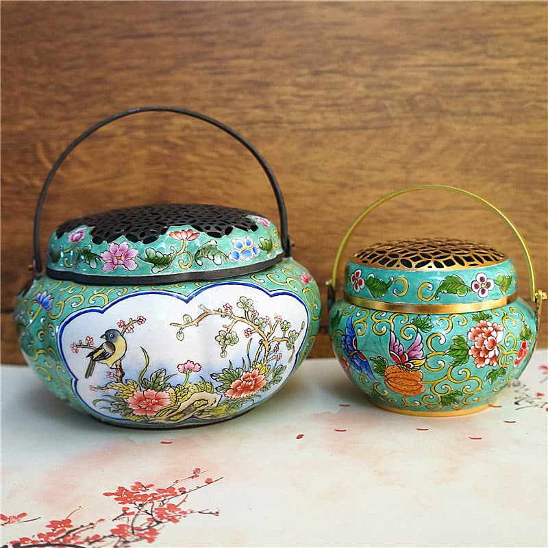 Paisagem antiga Cloisonne pequeno queimador de incenso antigo queimador de mão pintura esmalte queimador de incenso puro