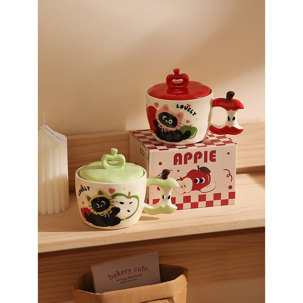 Caneca fofa de gatinho maçã com tampa, copo de casal, novo estilo, copo de cerâmica, presente de aniversário feminino, l