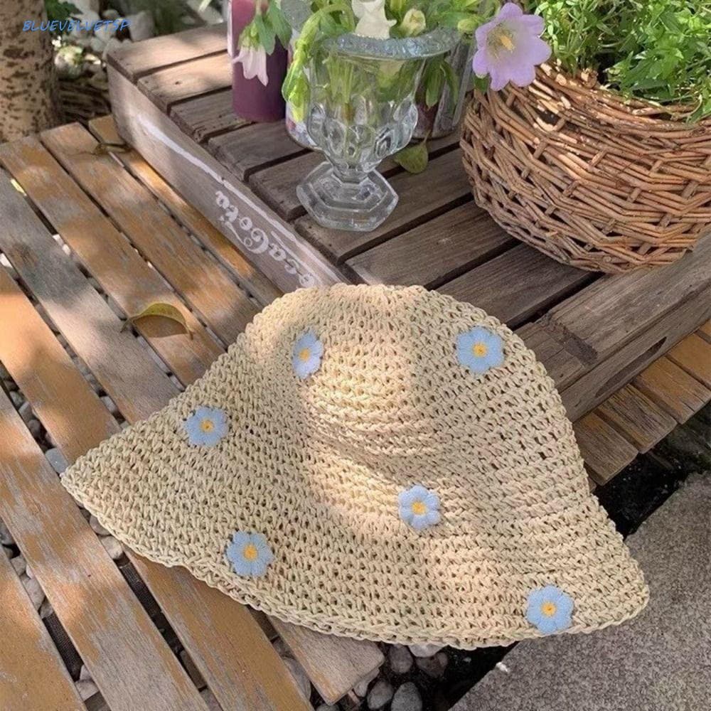 Chapéu De Palha Feminino BLUEVELVETSP , Elegante Boné De Aba Larga Com De Renda , Protetor Solar Dobrável E Respirável