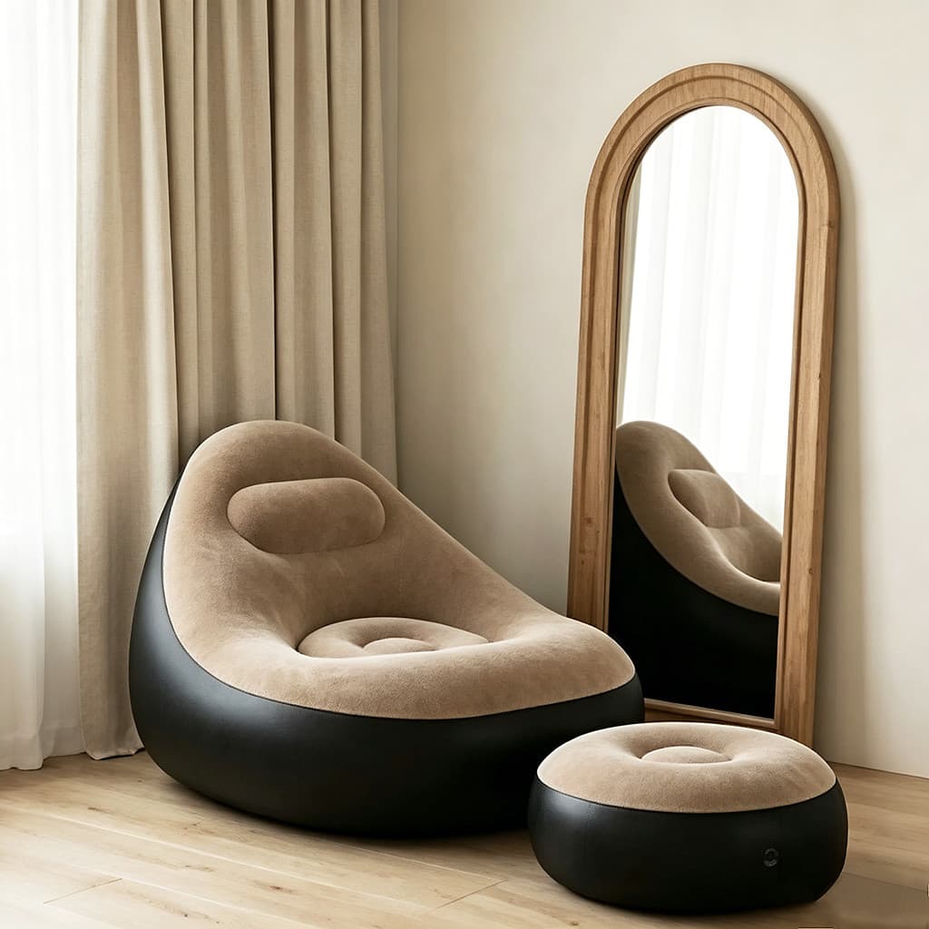 Kit Sofá Inflável Poltrona Confortável + Puff Portátil Com Bomba de Ar Inclusa Ideal Camping Piscina Sala Quarto