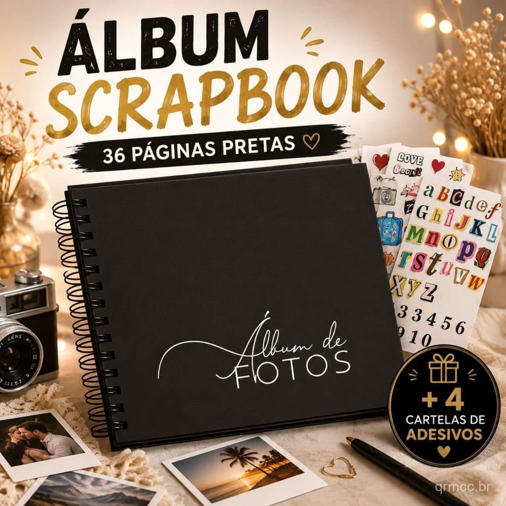 ÁLBUM SCRAPBOOK 20X20 COM 36 PÁGINAS PRETAS + 4 CARTELAS DE ADESIVOS PARA FOTOS E MEMÓRIAS OFERTA