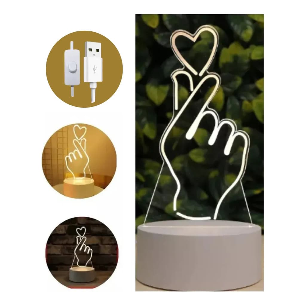 Luminária Lousa De Mesa Abajur 3D Desenho Mão Coração Iluminação Carregamento USB KL1545