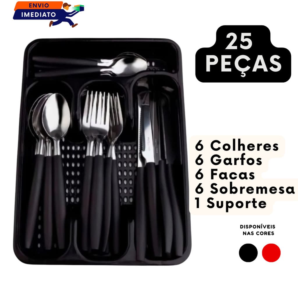 Talheres Inox Cabo Plástico Vermelho ou Preto - 24 Peças + Suporte Gaveteiro Perfeitos para sua Cozinha mesa de Jantar