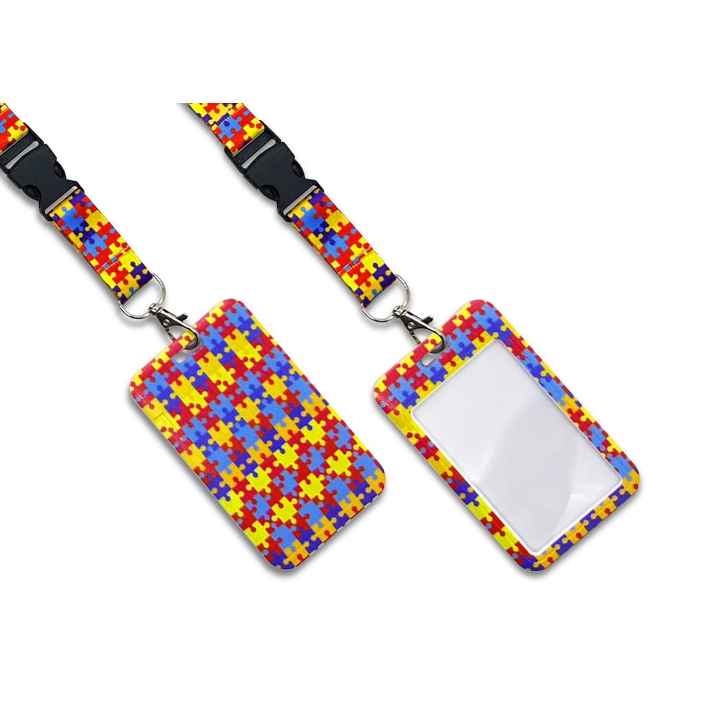 Porta Crachá + Cordão Quebra-Cabeça Colorido Autismo - Acessórios Para Autistas