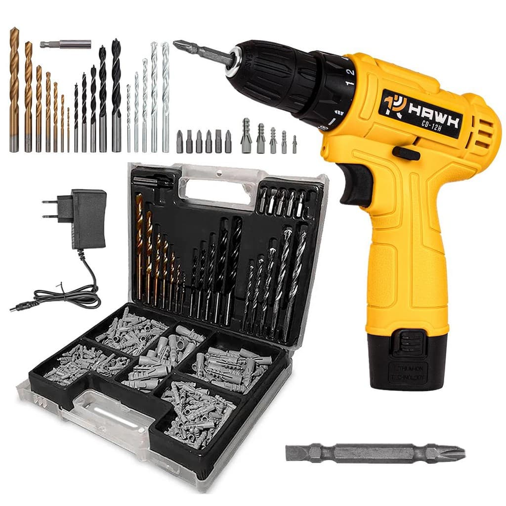 Parafusadeira/Furadeira Hawk HW1042 12V com Maleta Completa 300 Peças Bivolt