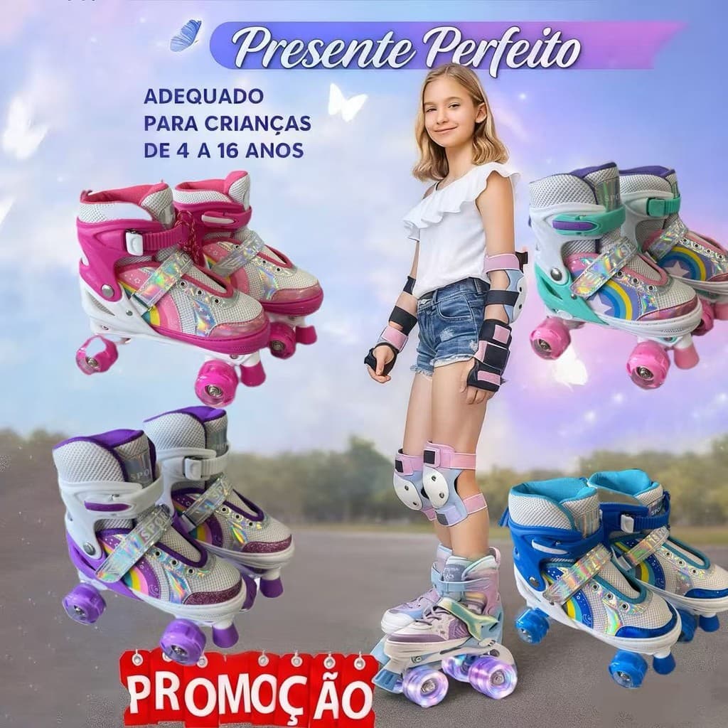 Patins Infantis com 4 Led Rodas Tamanho ajustável com velcro seguros chamativos Crianças Presente