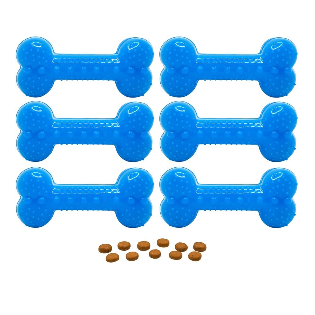 Kit 6 Osso Interativo com Petiscos Azul Neon Borracha Segura