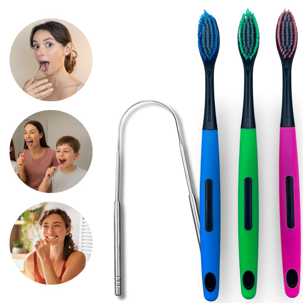 Kit Escova De Dente Cerda Macia Com Capa Protetora + Raspador Limpador De Lingua
