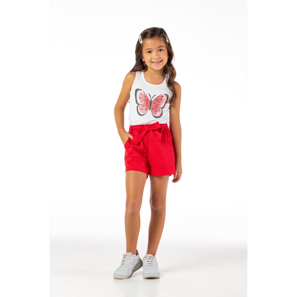 Short Infantil Menina Vermelho Algodão com Cinto Laço