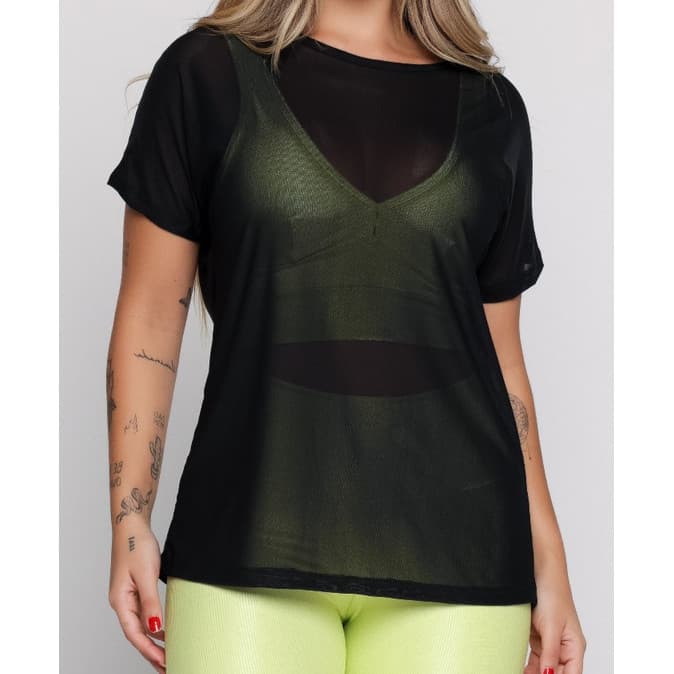 Blusa Feminina Transparente de Tule Manga Curta - Camiseta Academia Treino (P M G)