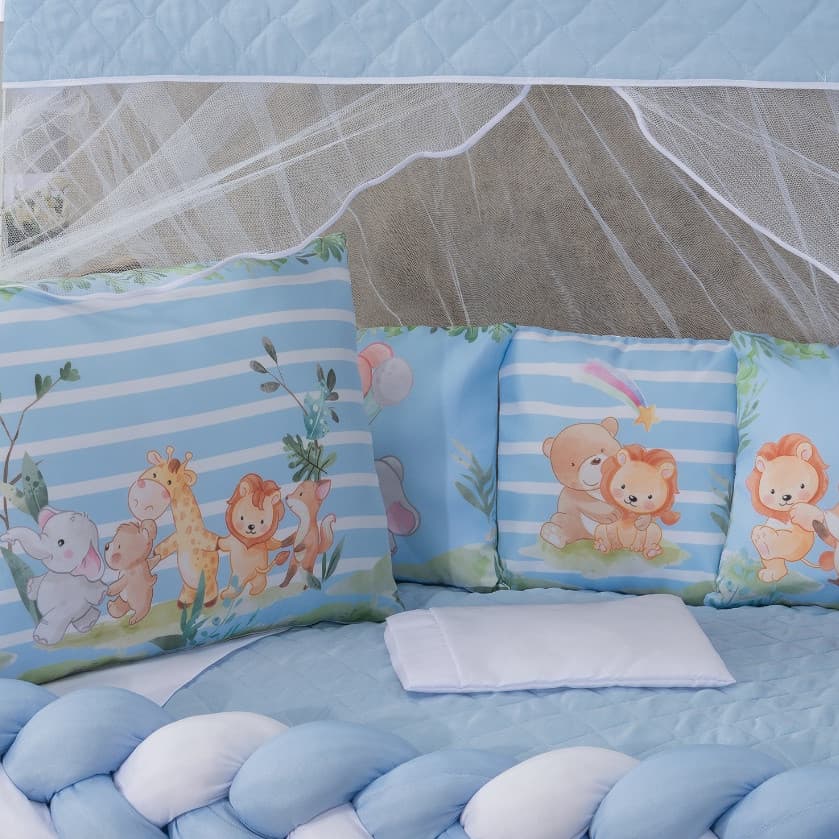 Kit Para Berço De Bebe Americano 12 Peças Unissex C/ Mosquiteiro Trança Algodão Completo