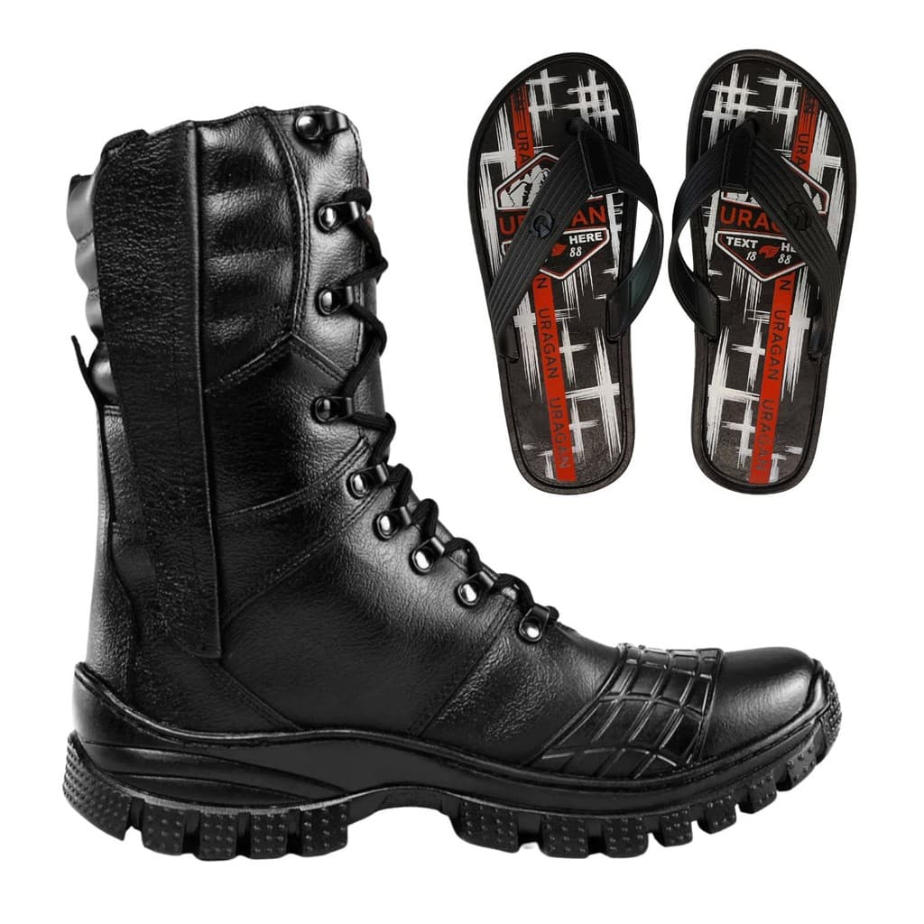 Kit Bota Coturno Militar Couro 4092 + Brinde Chinelo