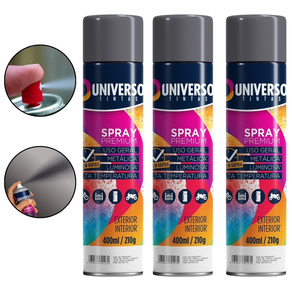 Kit 3 Tintas Spray 400ml Cinza Grafite Uso Geral Universo Tinta para Pintura Aço Ferro Couro Gesso Cerâmica