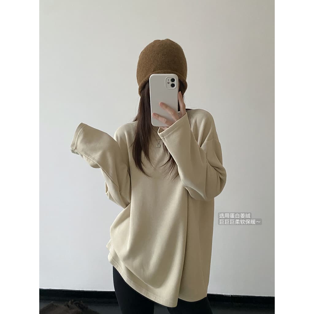 Sun Pomelo Marca de Fundo Quente 300g Proteína Gengibre Fleece Camisa de Manga Comprida Gola Redonda Outono Inverno Mid-