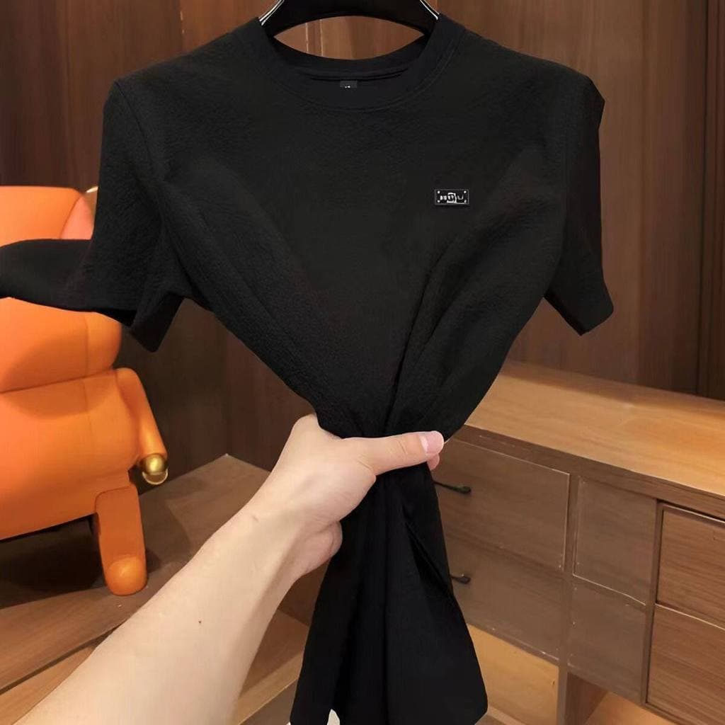 Pulôver de seda gelo masculino bordado camiseta de manga curta moda em torno do pescoço gelo meia manga t @