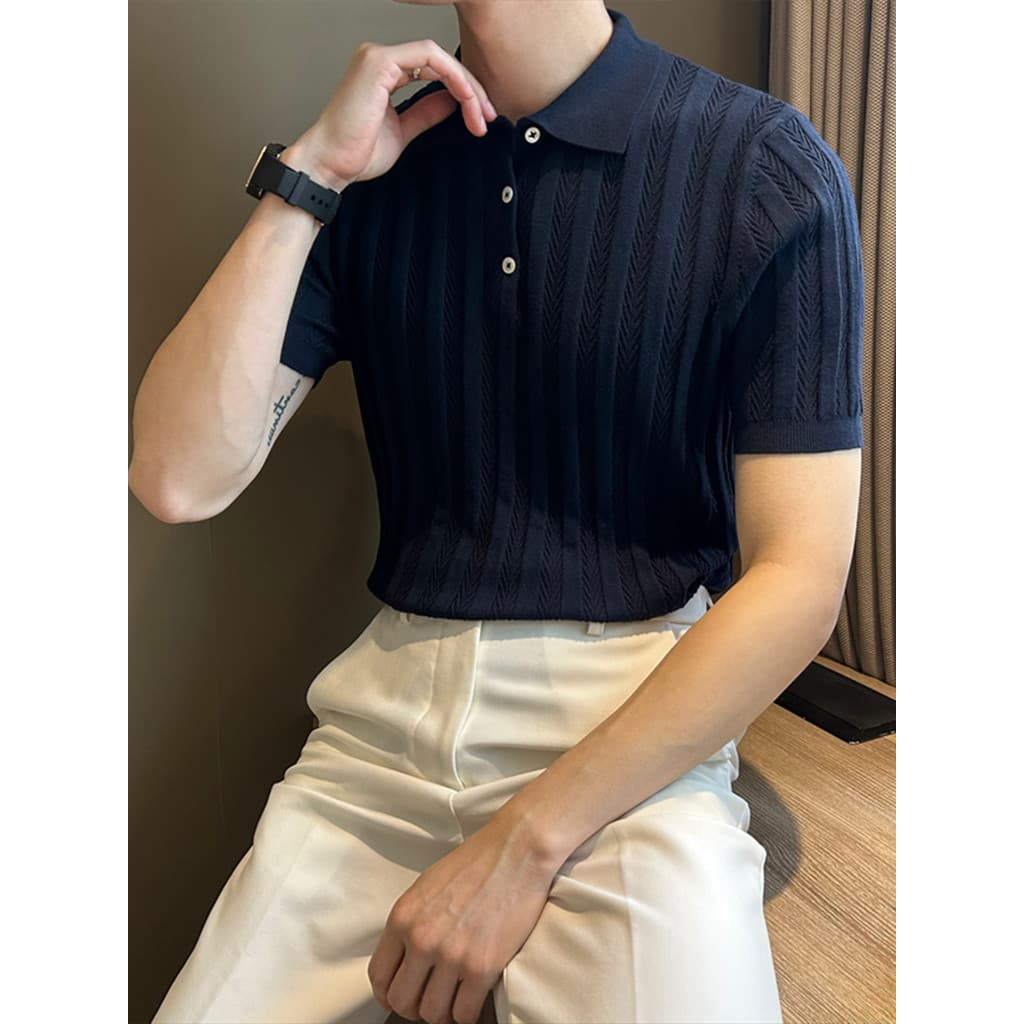 Estilo de dinheiro antigo primavera verão manga curta Jacquard osso de corvo padrão lapela camisa polo masculina Casual