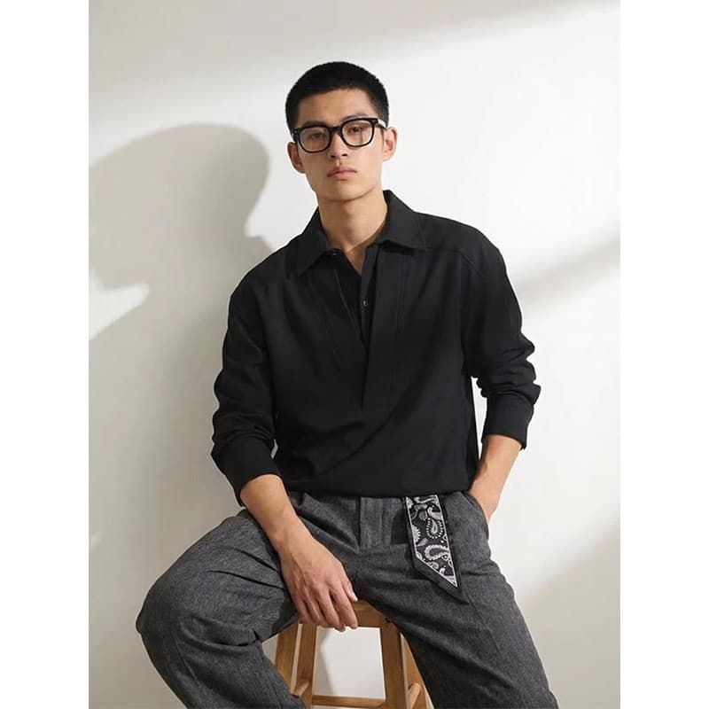 Preto estilo Retro falso de duas peças camisa de manga comprida masculina 2026 primavera novo estilo High-End Design com