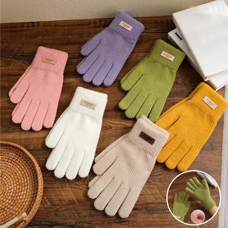 Moda Inverno Luvas Quentes Mulheres De Tela Sensível Ao Toque Buracos De Dedo Cor Sólida Malha Interior Pelúcia