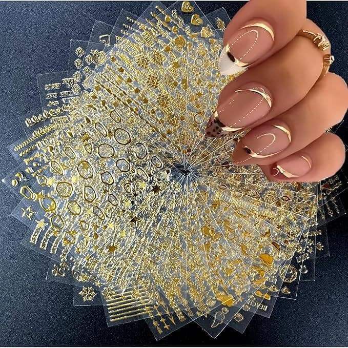 Conjunto de 30 adesivos de unhas dourados e prateados, adesivos de unhas 3D, decorações de unhas DIY, decorações brilhan