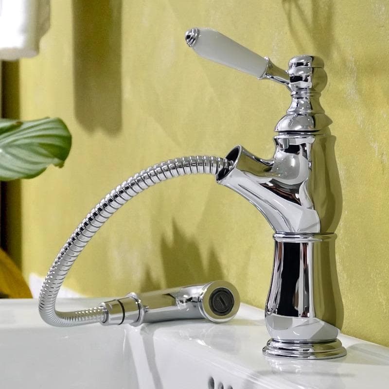 Torneira retrô francesa dourada Pull-out, lavatório de cobre para banheiro, quente e frio, banheiro europeu americano