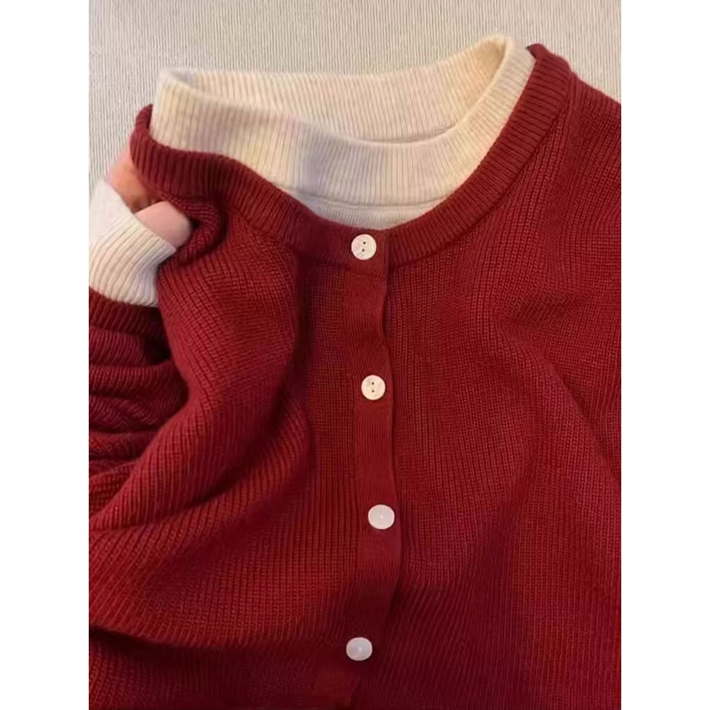 Vermelho falso Cardigan de duas peças feminino 100% puro camisola feminina europeu outono malha ano novo vermelho Cashme