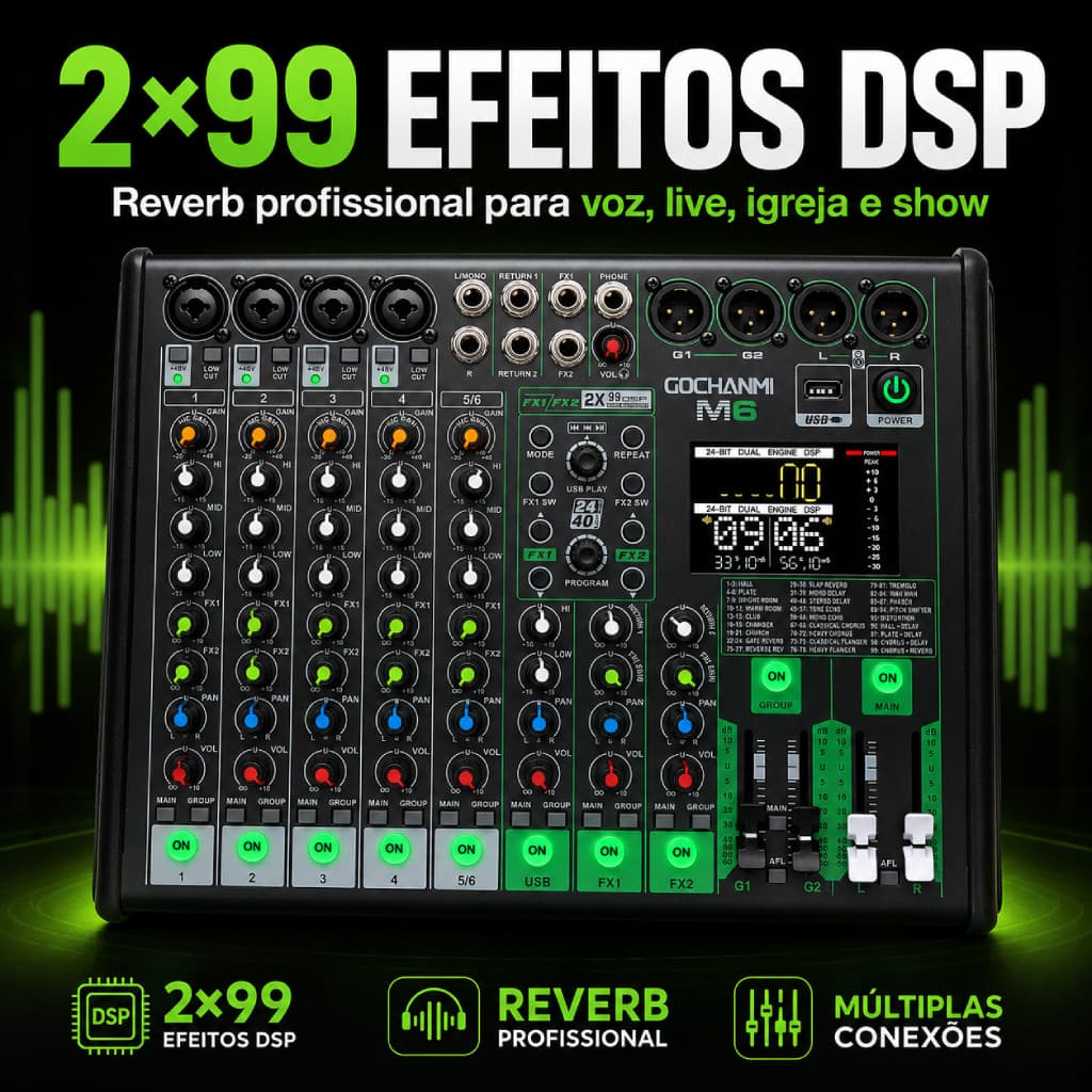 Mesa de Som GOCHANMI M6 6 Canais Bluetooth USB 2x99 DSP Phantom Power 48V