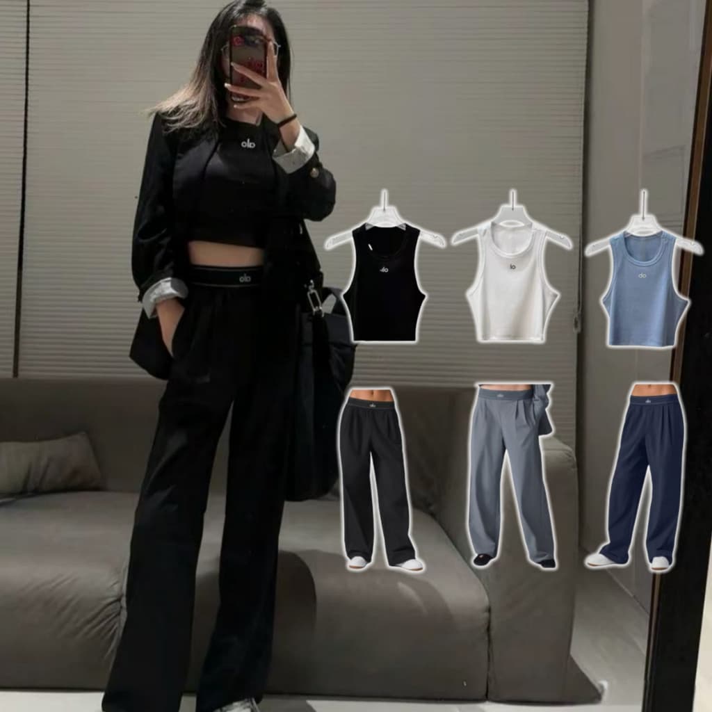 Conjunto de Yoga Feminino com Calças Compridas + Top de Malha Canelada Elegante com Recortes 2 Peças 8023