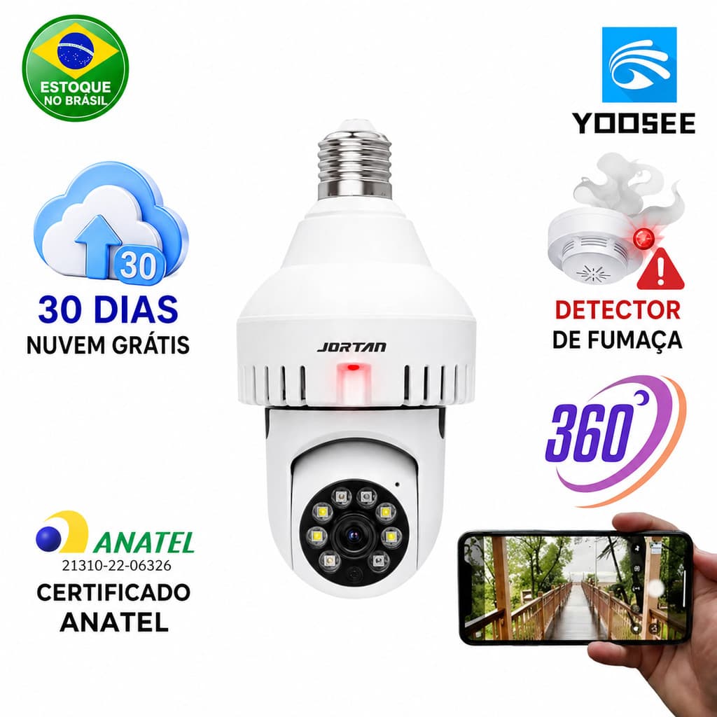 Camera Seguranca Wifi Ip Sem Fio 360 Lampada Bocal Rosca Detector Fumaça Jortan Yoosee Certificado ANATEL Bivolt
