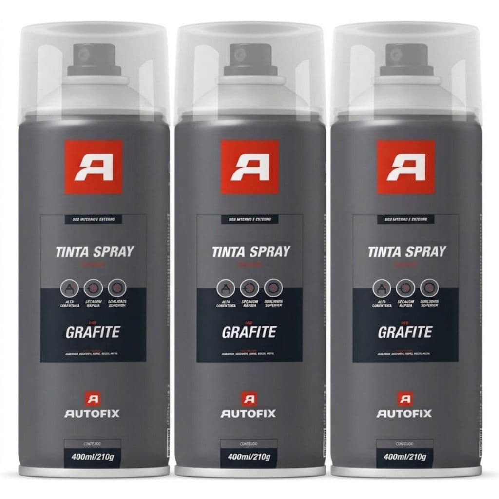 03 Tinta Spray Uso Geral 400ml Grafite Metal Madeira Gesso Plástico Autofix Aerossol - Secagem
