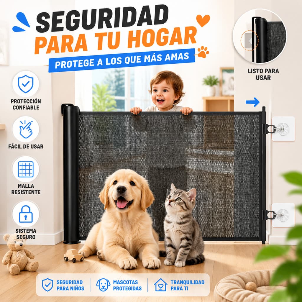 Barreira Retrátil Automática Dupla Segurança para Crianças e Animais Bloqueio Antifuga Portas Escadas