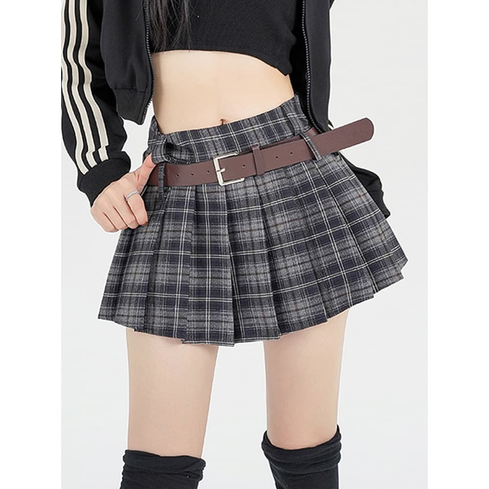 Retro xadrez saia plissada feminina primavera outono cintura alta mais magro olhar escovado a linha saia Anti-exposição