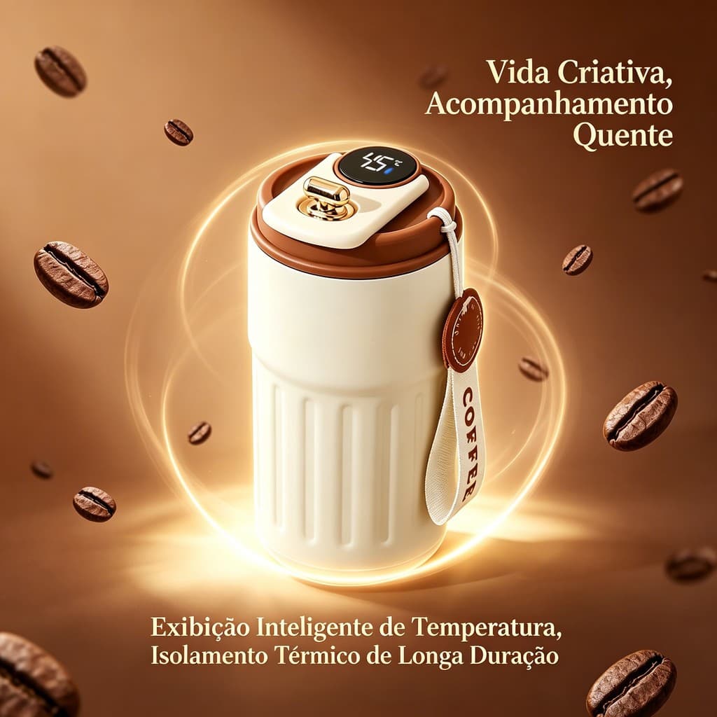 Copo Térmico Cafe Aço Inox Portátil com tampa,450ml, Com LED Temperatura Antivazamento