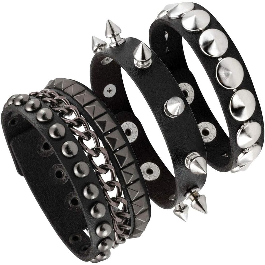 3 Peças Pulseiras Punk De Couro Para Homens Mulheres De Rock Rebite Envoltório Retrô Pulseira Ajustável