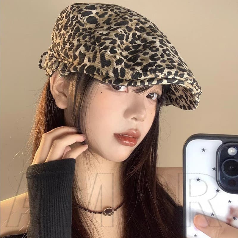 Boina Vintage Com Estampa De Leopardo – Acessórios Para Cabeça Chapéu Dianteiro Vaca Estilo Francês , Y2K , Ajustável ,