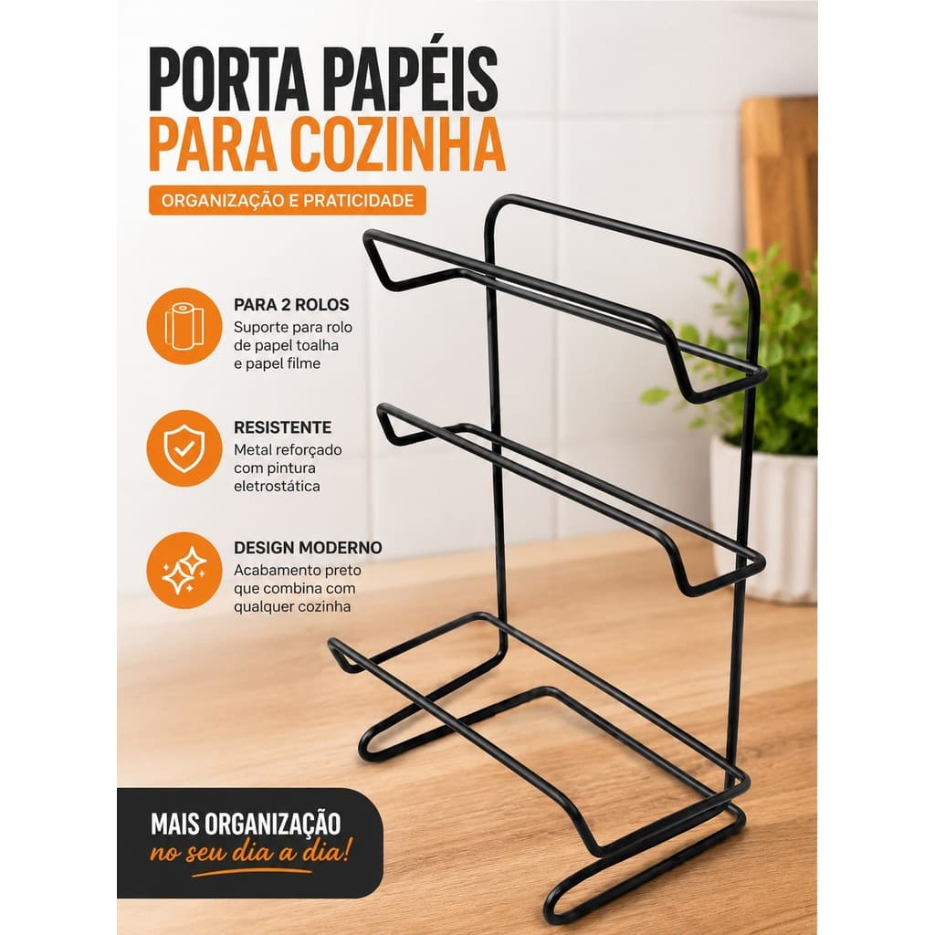 Suporte Organizador Aramado Para Papel Toalha Cozinha Bancada Porta Rolo Preto