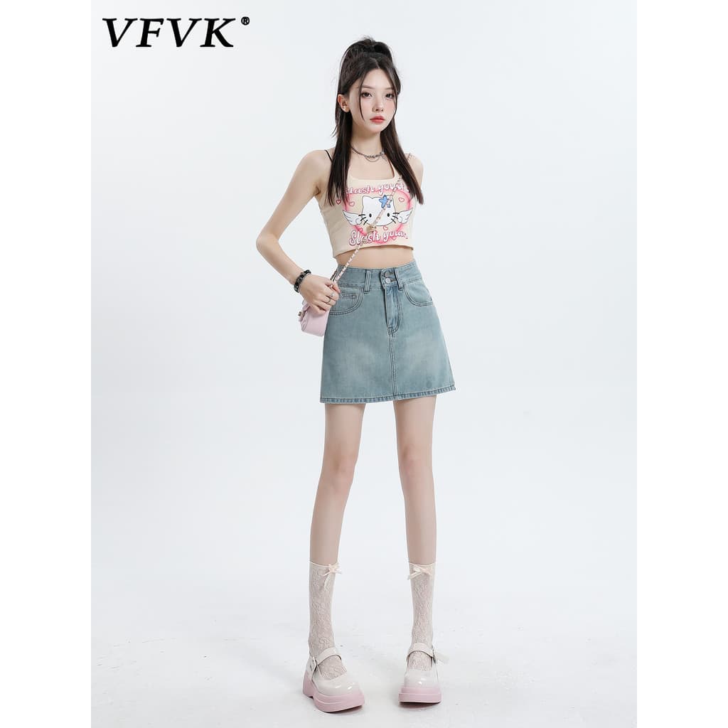 Vfvk Retro azul A linha Denim saia feminina 2026 novo estilo Anti-reflexo quente menina cintura alta mais magro olhar Hi