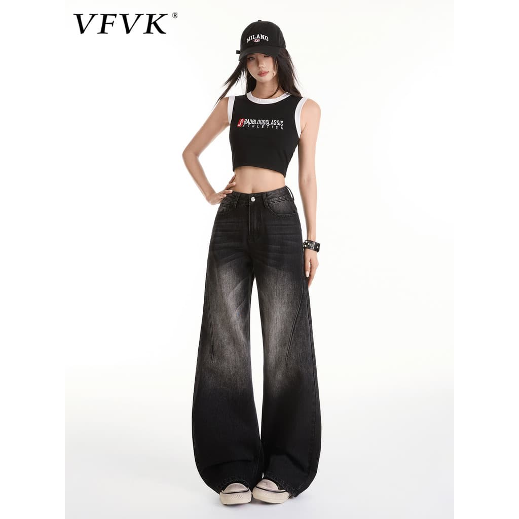 Vfvk cinza preto Jeans feminino 2026 novo estilo verão solto perna larga americano High Street versão estreita forma de