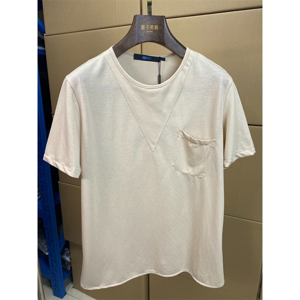 Camiseta masculina de meia manga de malha ultrafina cáqui de secagem rápida marca bolso curto na moda meia manga 7