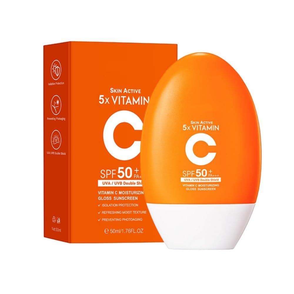 O protetor solar vitamínico SPF50 contém ácido hialurônico, oferecendo proteção de amplo espectro contra raios UVA/UVB,