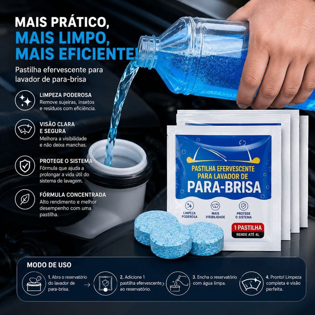 Pastilha Sólida Concentrada para Limpeza de Vidros Automotivos Premium