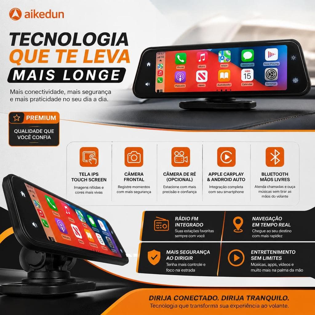 Retrovisor Multimídia Automotivo 10" Touch Screen Espelhamento Android iPhone Câmera Frontal DVR HD