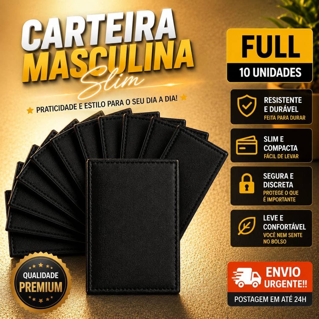 Carteira Slim Masculina Confortável e Prática em Couro  - Porta Cartão Lembrança Padrinhos Formatura