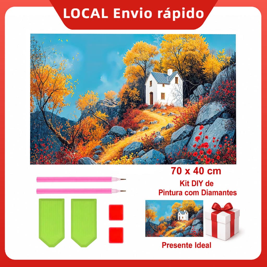 Pintura de Diamante 5D Cabaña na montanha 70x40cm Broca Quadrada – alto relevo, brilho intenso, cores vibrantes, durável