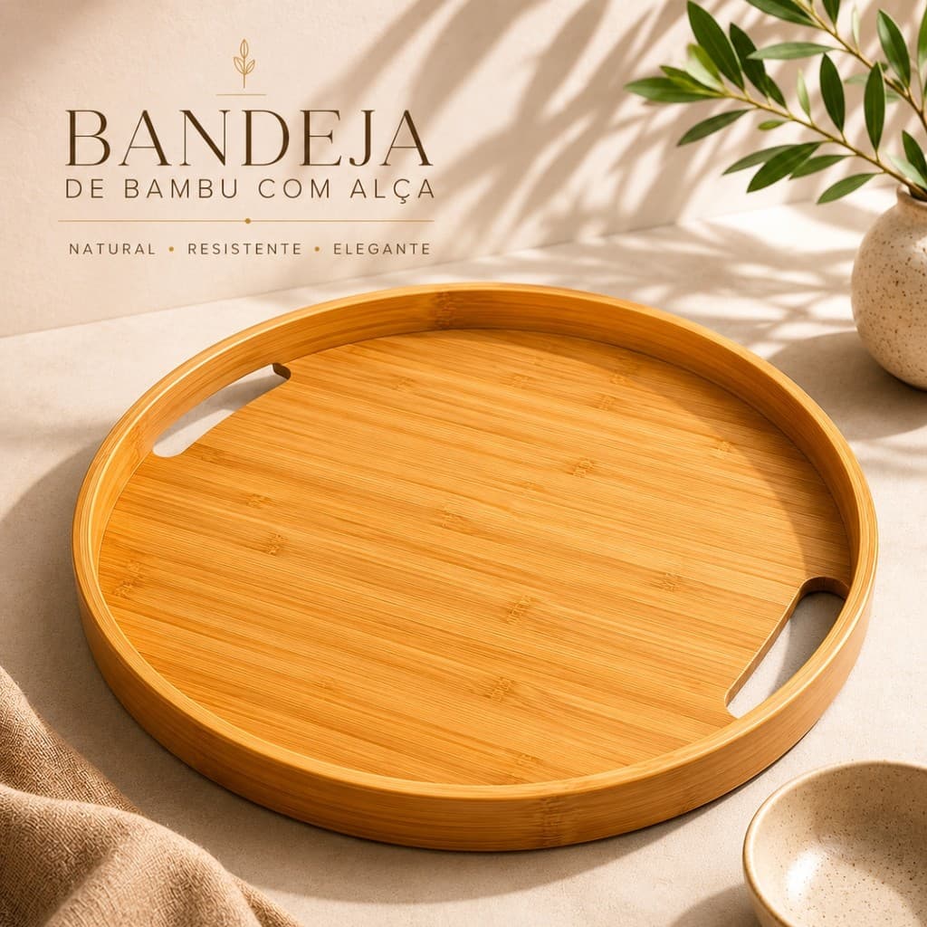 Bandeja Redonda Bambu com Alça para Café da Manhã Mesa Posta Servir Petiscos Decoração Gourmet Luxo Casa