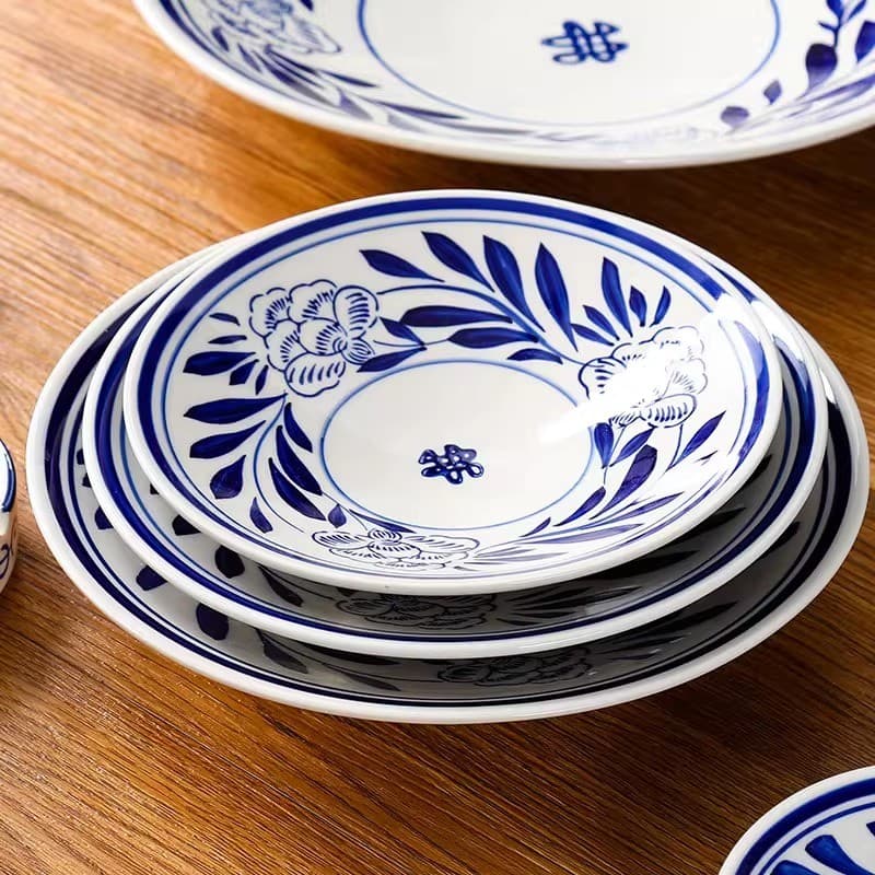 Prato raso de cerâmica azul branco pintado à mão, prato redondo de sopa, vegetais, de peixe, prato grande, frango,