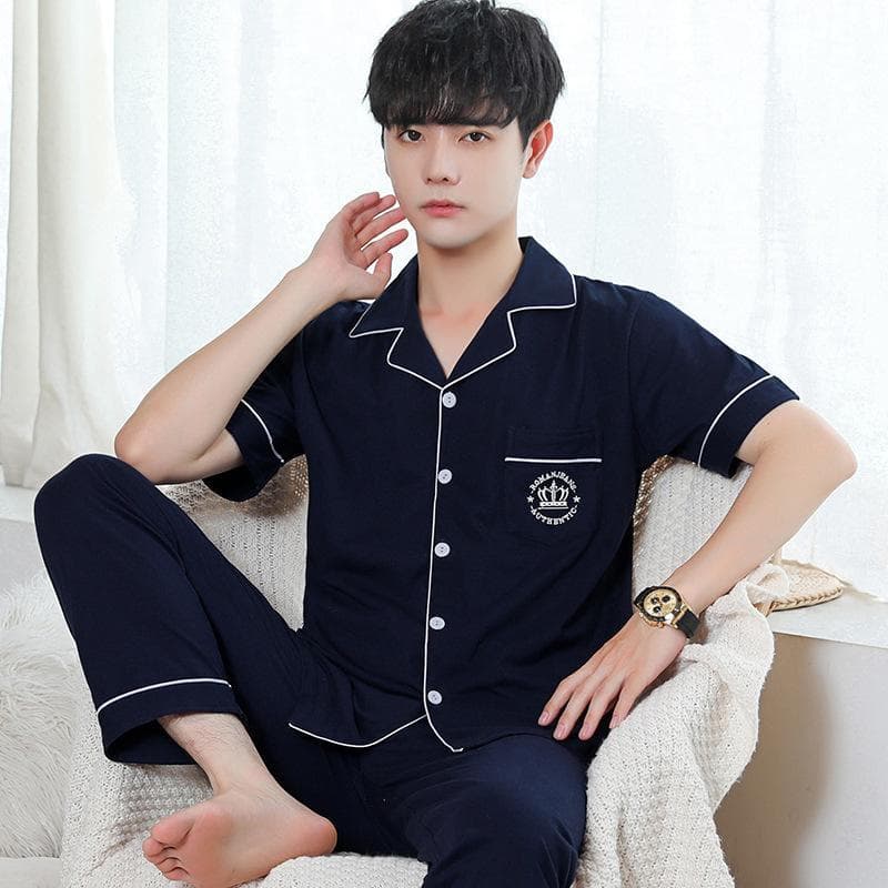 Pijamas masculinos 100 algodão puro primavera outono verão juventude tamanho grande calças de manga curta terno de algod